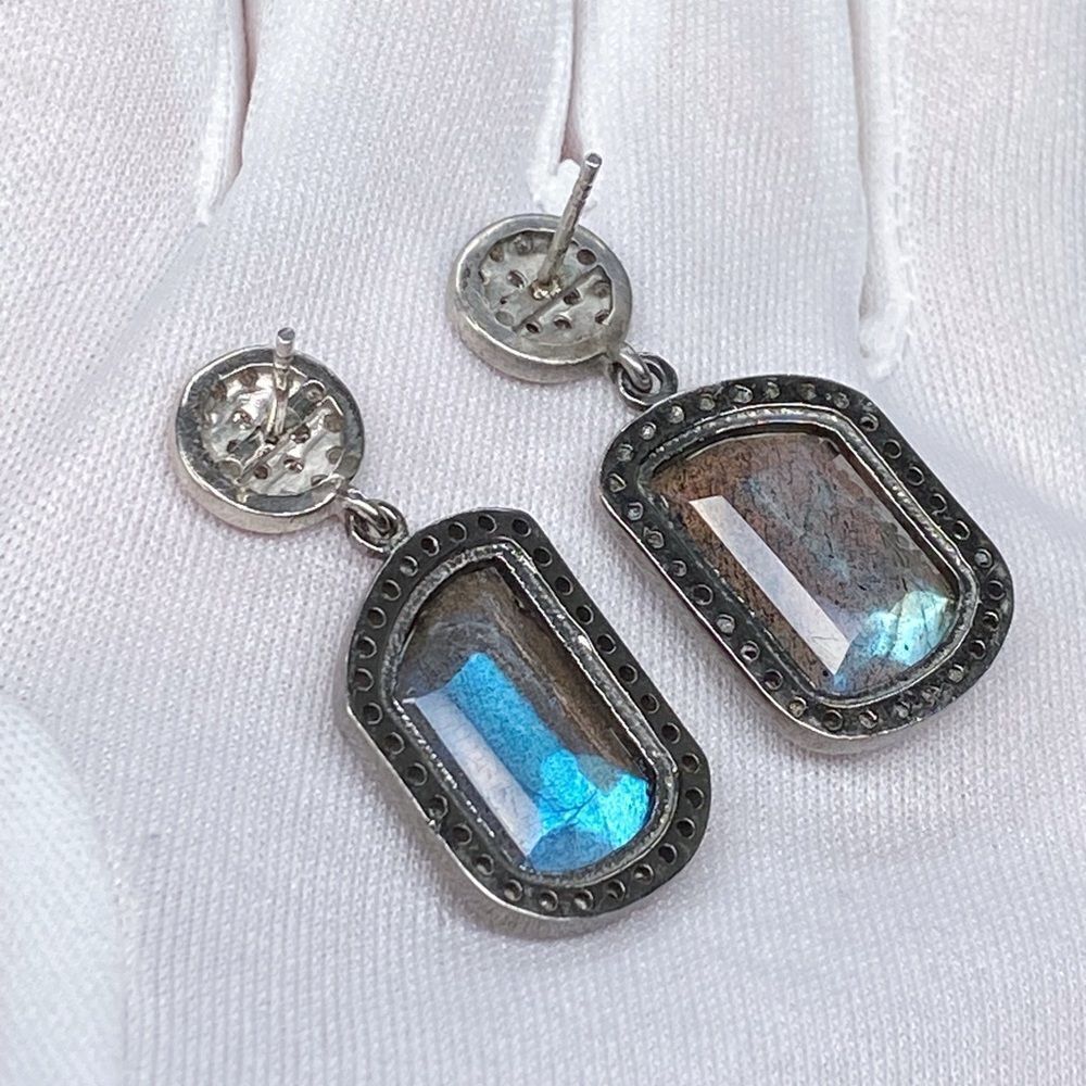 Adornia Fine Black Rhodium Sterling Silver Labradorite Diamond Drop Earrings - Picture 10 of 15
